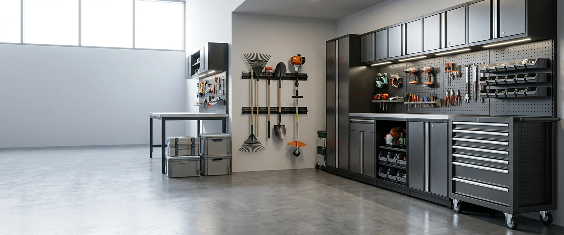 Wide hero banner for Garage Storage Hub homepage showing featured storage products